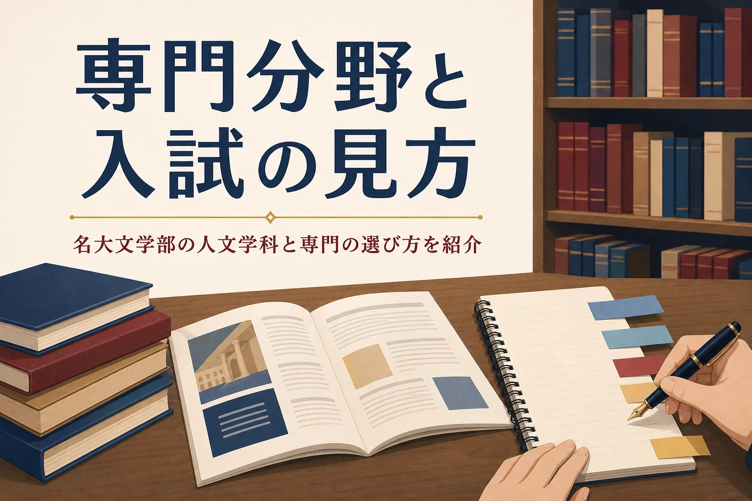 机に開いた大学案内と付箋を貼ったノートと、名大文学部の専門分野の選び方を紹介する記事タイトル