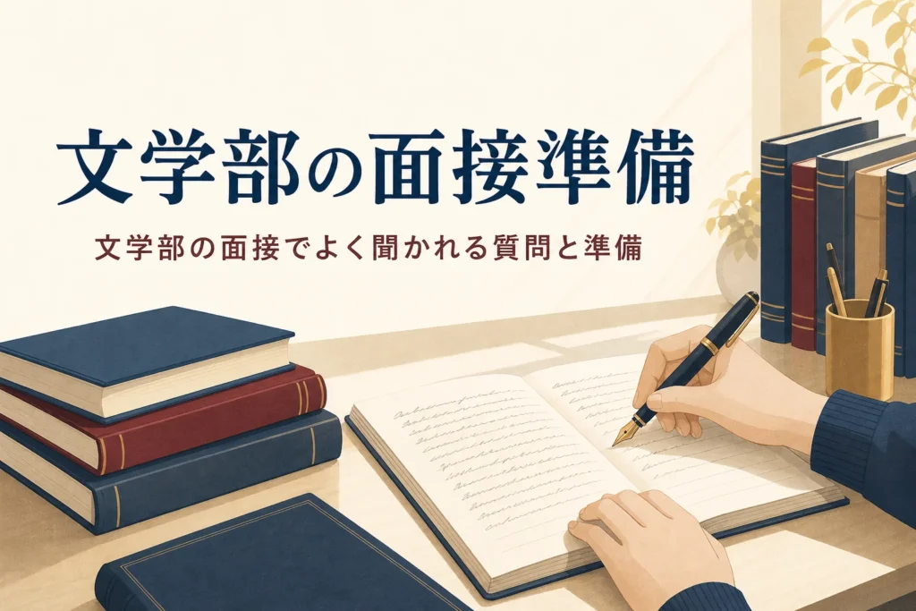 机の上の手書きのノートと本と、文学部の面接でよく聞かれる質問を紹介する記事タイトル
