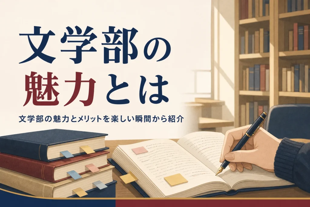 図書館の閲覧席で本とノートに書き込む手元と、文学部の魅力とメリットを紹介する記事タイトル