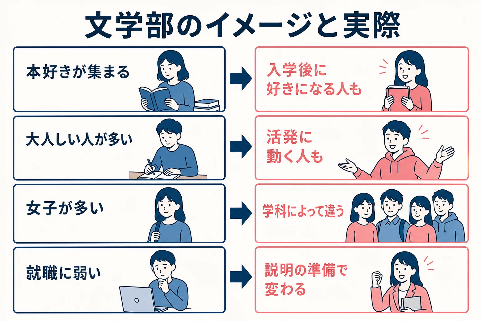 文学部のよくあるイメージと、実際の学生生活を比べた図解