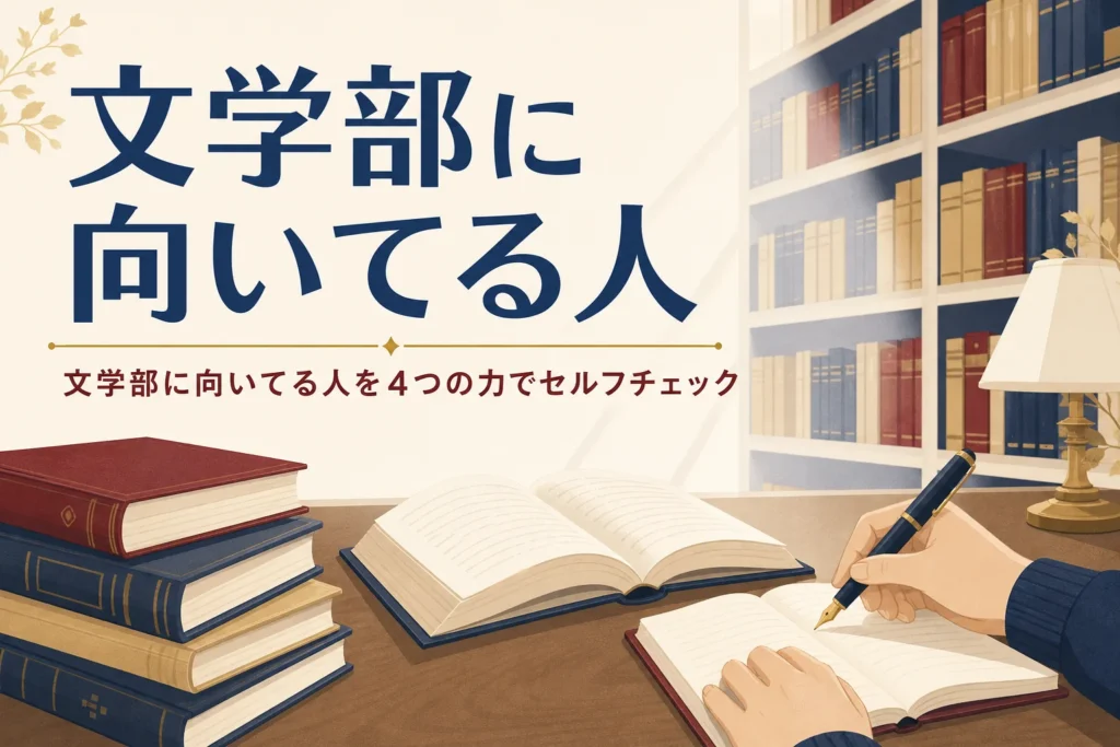 図書館で本を読みながらノートにメモを取る手元と、文学部に向いてる人を紹介する記事タイトル