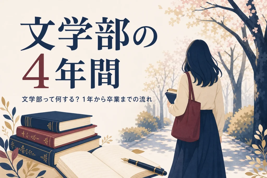 本を抱えてキャンパスを歩く学生の後ろ姿と、文学部の4年間の流れを紹介する記事タイトル