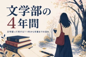 本を抱えてキャンパスを歩く学生の後ろ姿と、文学部の4年間の流れを紹介する記事タイトル