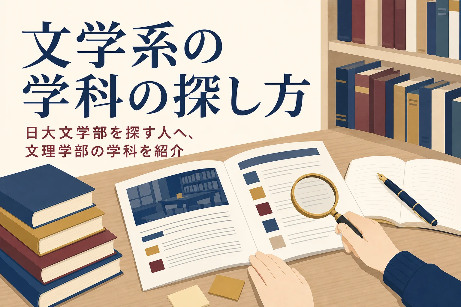 机に広げた大学案内と虫眼鏡と、日大で文学系の学科を探す方法を紹介する記事タイトル