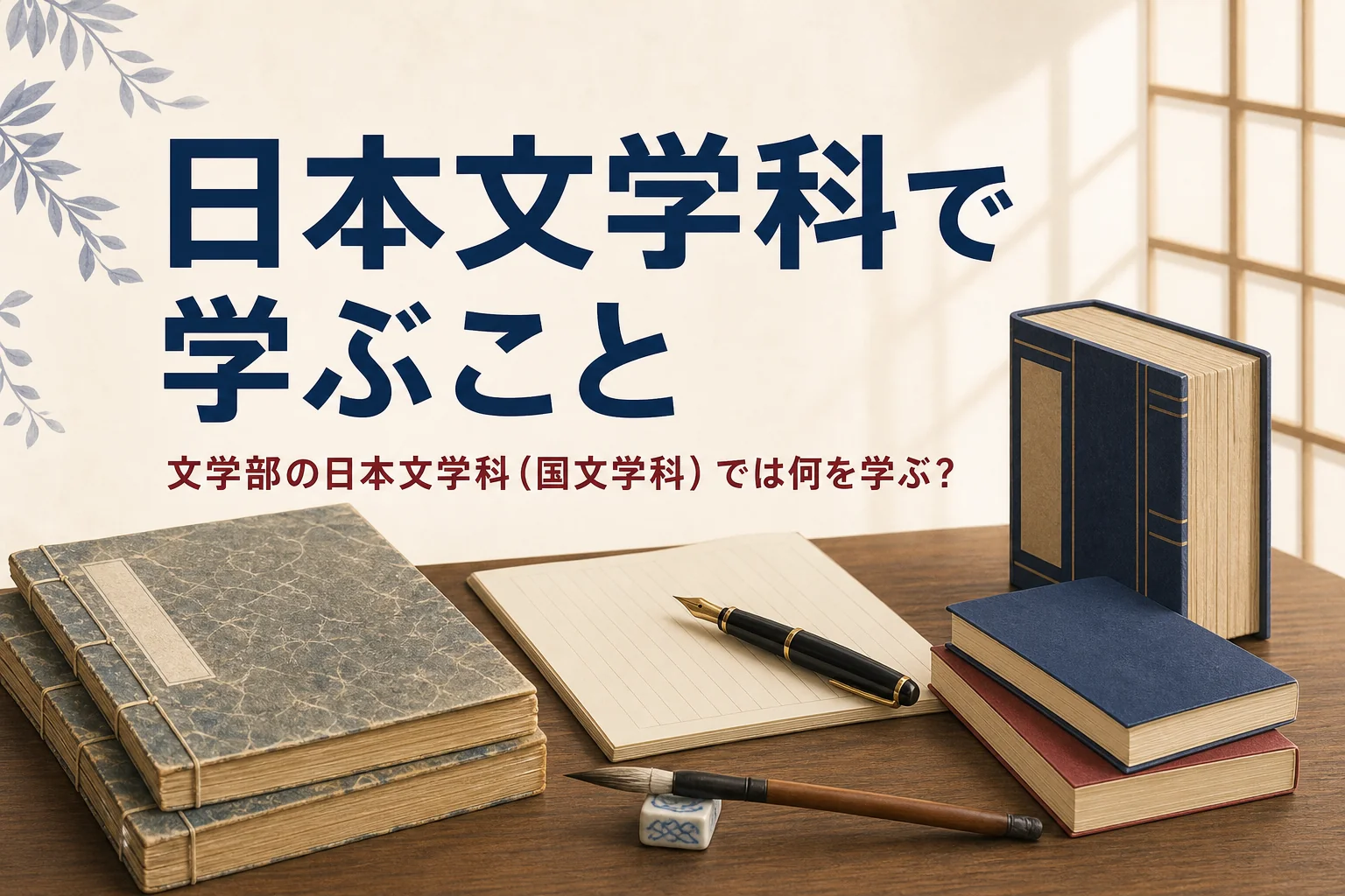 和綴じ本と文庫本と古語辞典が並ぶ机と、文学部の日本文学科で学ぶことを紹介する記事タイトル