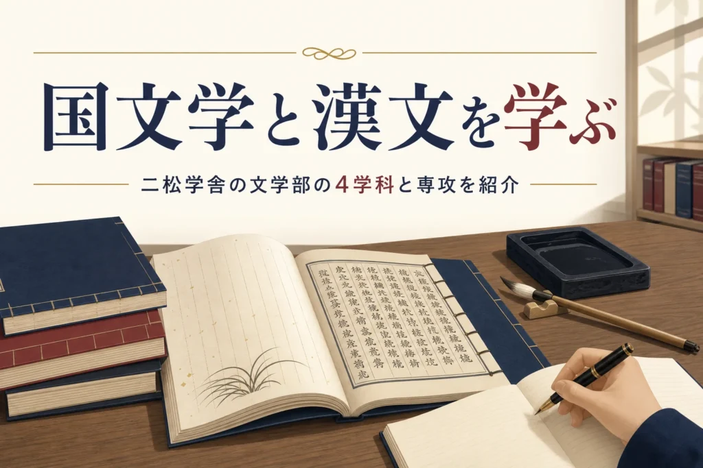 机に置いた古典の本と漢文の書物と筆と、二松学舎の文学部の学科と専攻を紹介する記事タイトル