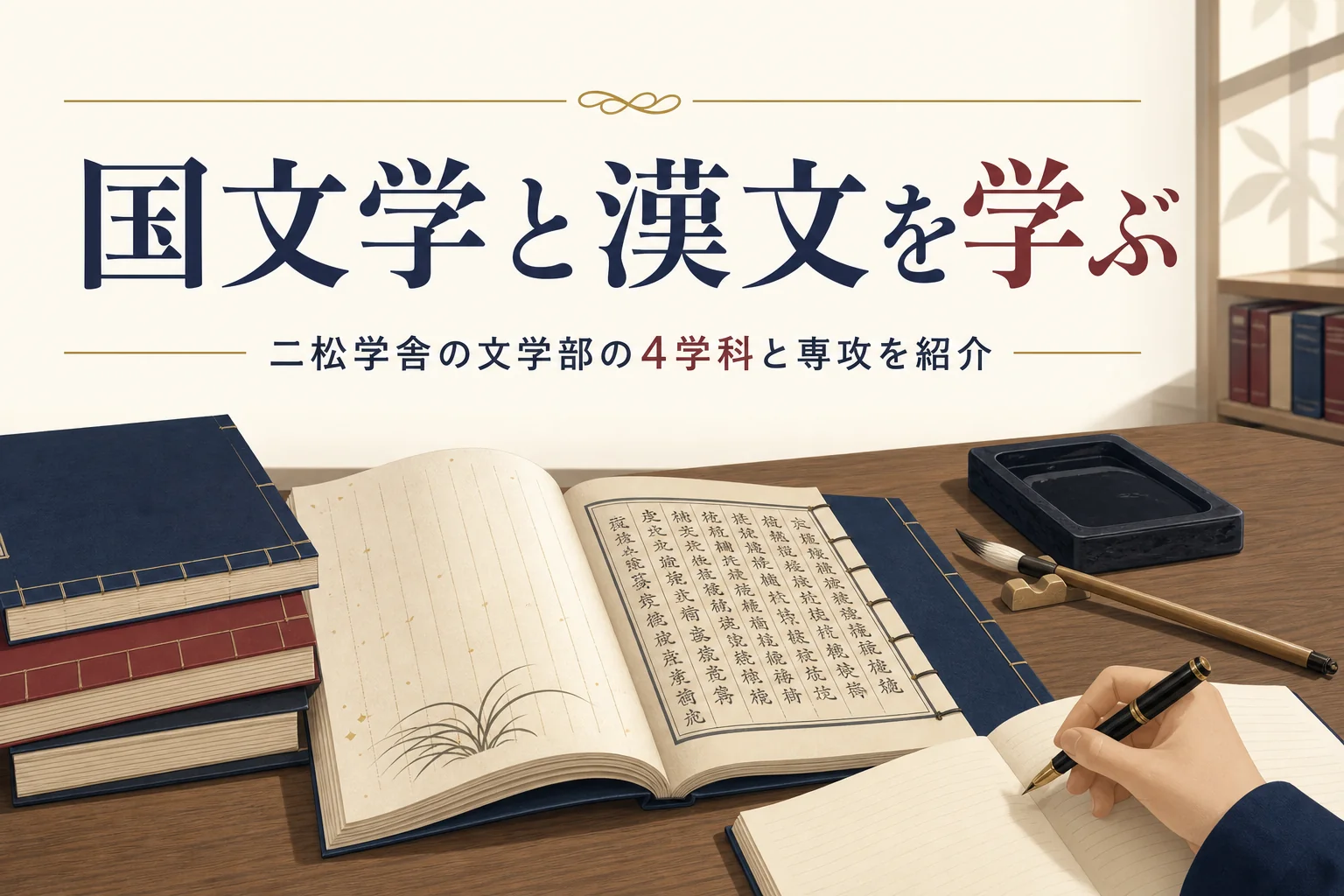 机に置いた古典の本と漢文の書物と筆と、二松学舎の文学部の学科と専攻を紹介する記事タイトル