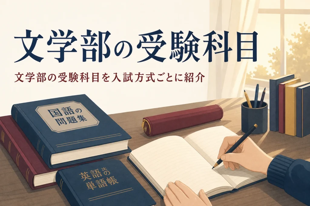 自習室の机に並ぶ国語の問題集と英語の単語帳と、文学部の受験科目を紹介する記事タイトル