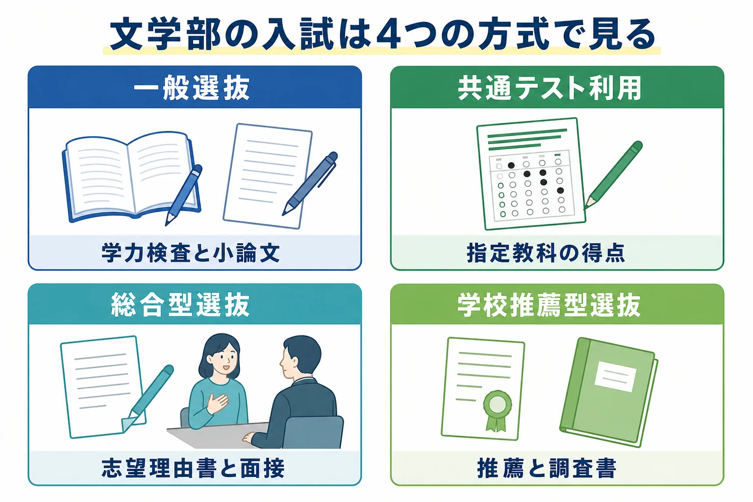 文学部の入試を一般選抜・共通テスト利用・総合型選抜・学校推薦型選抜の4つに分けて、主に見られるものを並べた図解