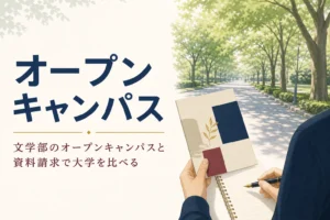 大学のパンフレットとメモ帳を手にキャンパスを歩く様子と、文学部のオープンキャンパスを紹介する記事タイトル