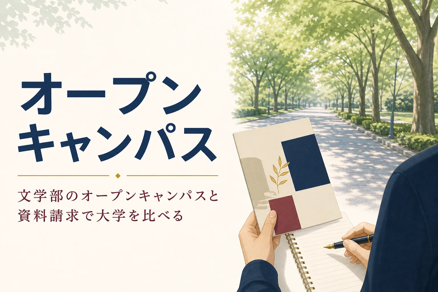 大学のパンフレットとメモ帳を手にキャンパスを歩く様子と、文学部のオープンキャンパスを紹介する記事タイトル