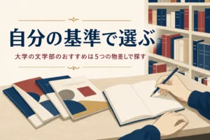 図書館の机に置かれた大学のパンフレットとノートと、文学部のおすすめ大学の選び方を紹介する記事タイトル