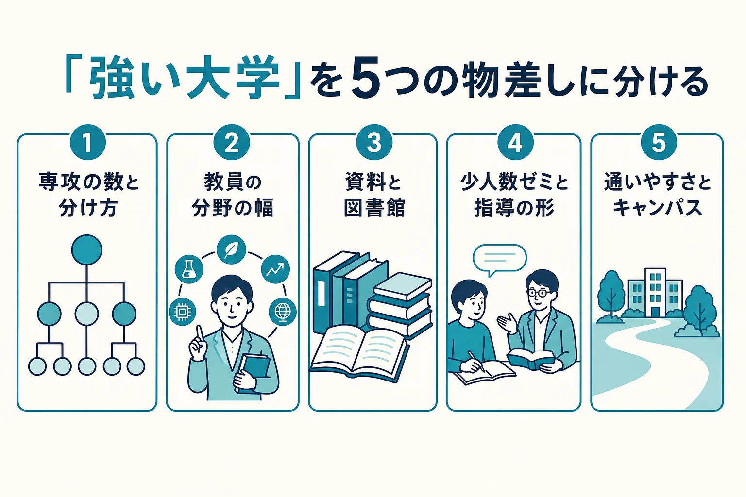 文学部の強い大学を、専攻の数・教員の分野の幅・資料と図書館・少人数ゼミ・通いやすさの5つの物差しに分けて整理した図解