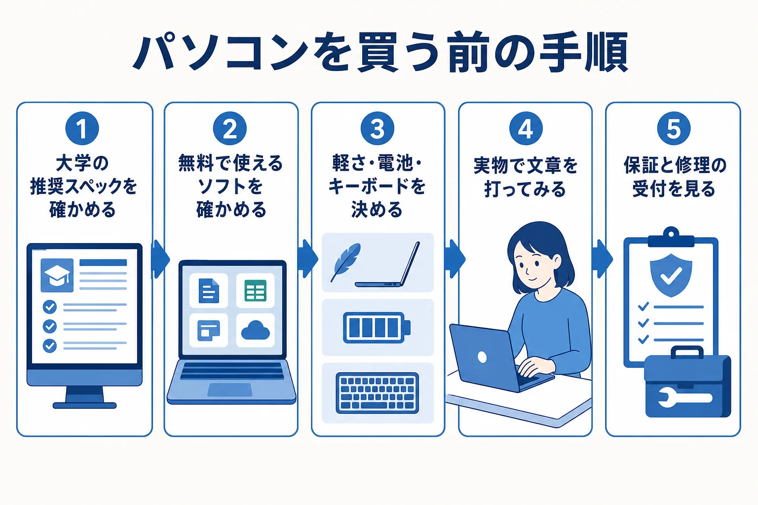 文学部生がパソコンを買う前に確かめる手順を順番に並べた図解