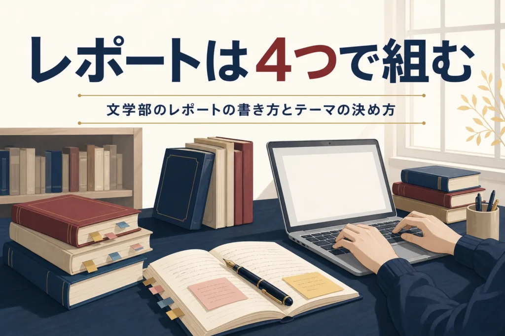 図書館の机で本とメモを広げてレポートを書く手元と、文学部のレポートの書き方を紹介する記事タイトル