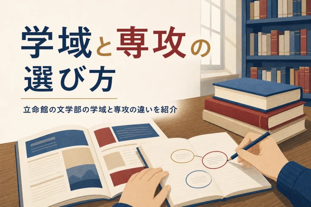 机に広げた大学案内とノートと、文学部の学域と専攻の選び方を紹介する記事タイトル