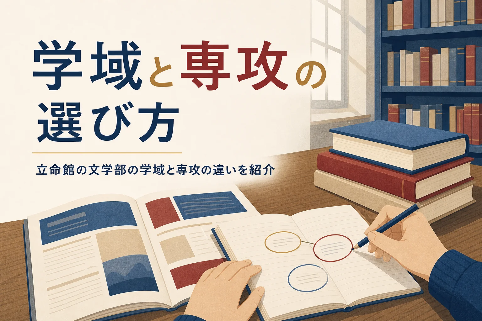 机に広げた大学案内とノートと、文学部の学域と専攻の選び方を紹介する記事タイトル