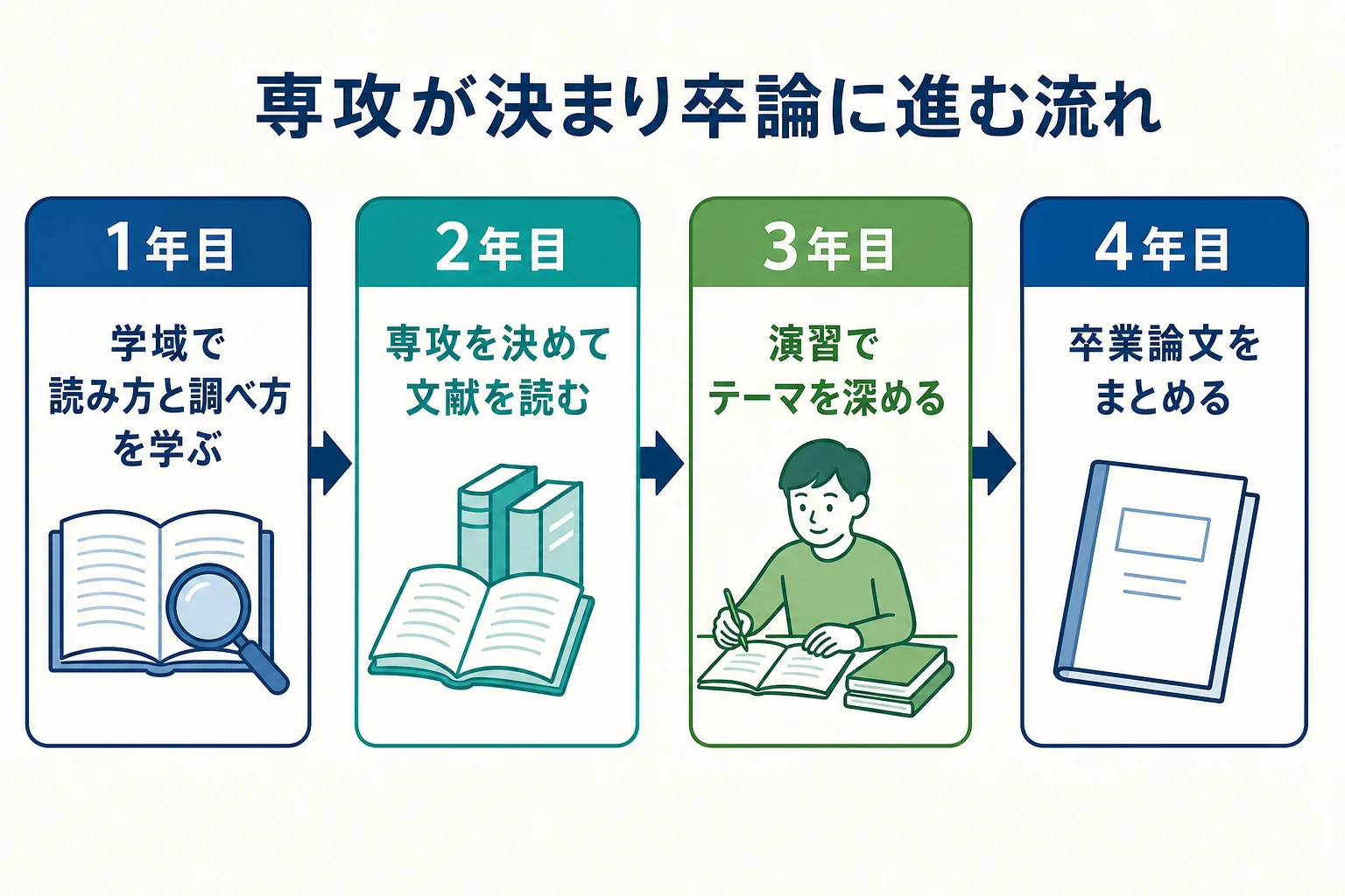 立命館大学文学部の1年次の学域での学びから、2年次の専攻決定、卒業論文までの流れを示した図解