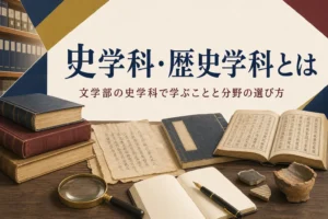 資料室の机に並ぶ古文書や外国語の本と、文学部の史学科とは何かを紹介する記事タイトル