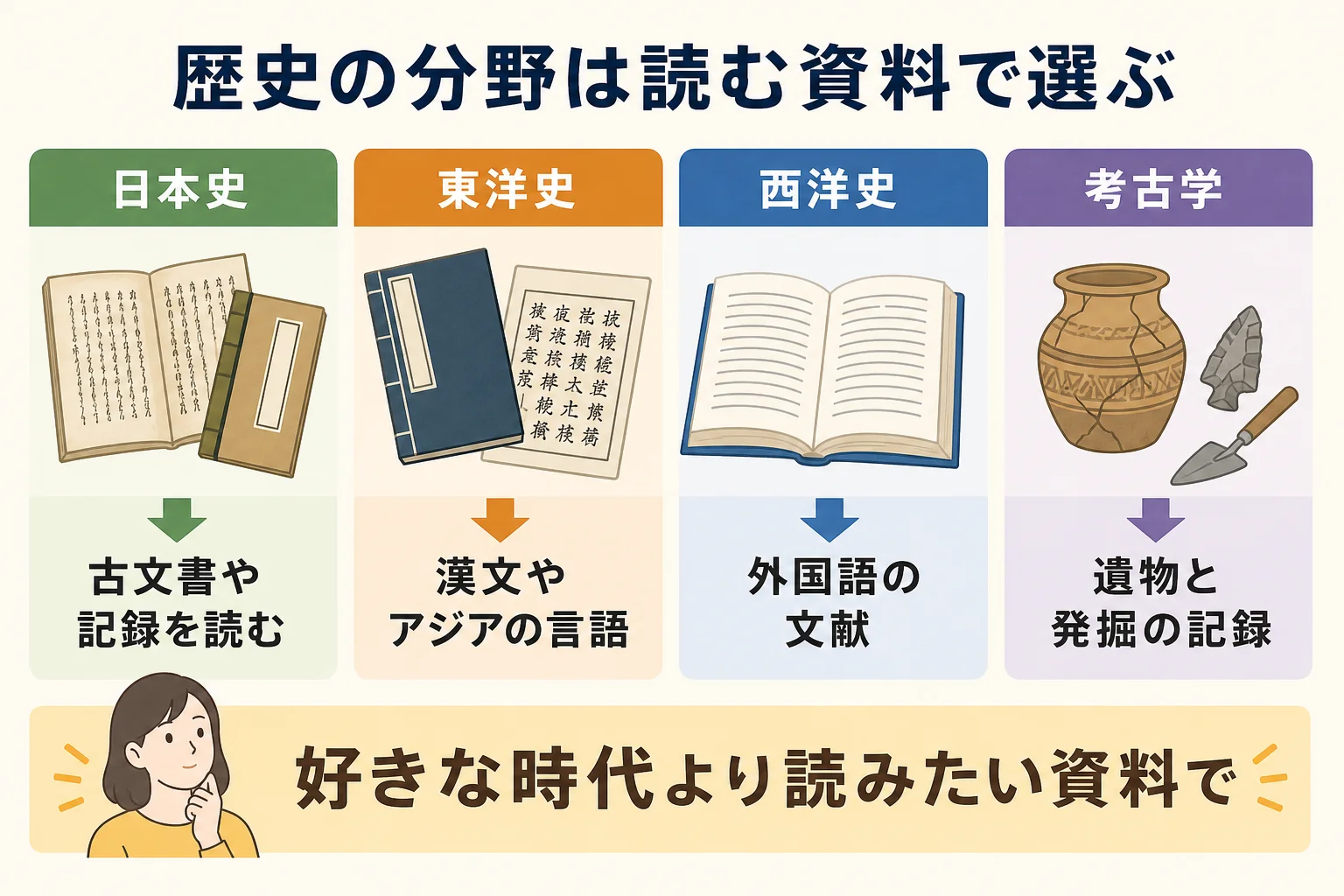 日本史・東洋史・西洋史・考古学を主に扱う資料で比べた図解