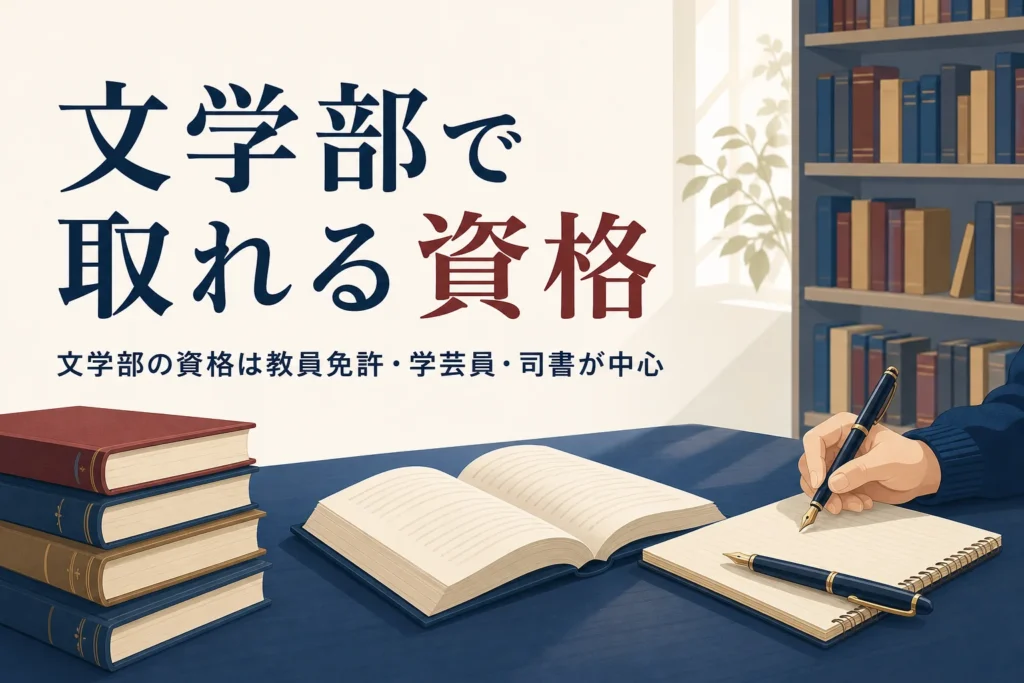 図書館の机に置かれた本とノートと、文学部で取れる資格を紹介する記事タイトル