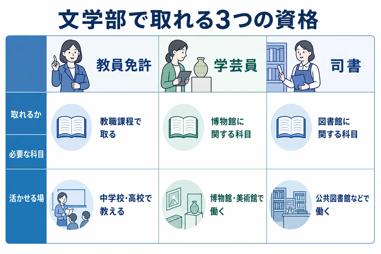 文学部で取れる教員免許・学芸員・司書を、大学で取れるか・必要な科目・活かせる場で比べた図解