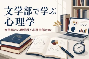研究室の机に置かれた心理学の本とノートと、文学部の心理学科を紹介する記事タイトル