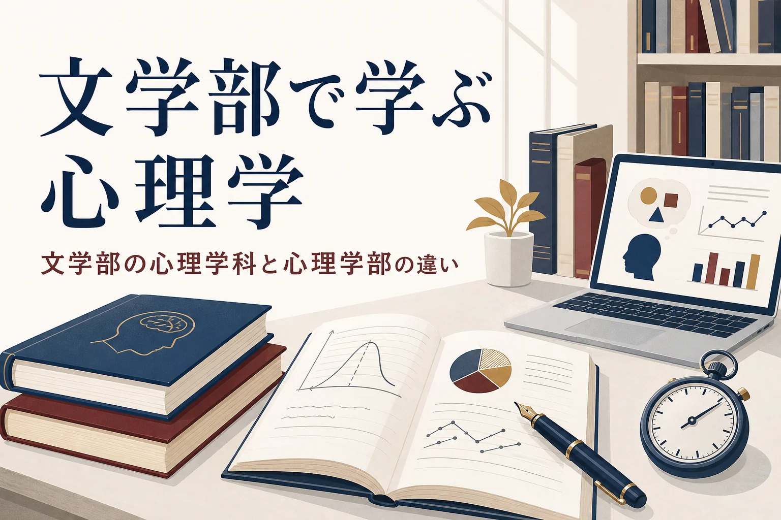 研究室の机に置かれた心理学の本とノートと、文学部の心理学科を紹介する記事タイトル