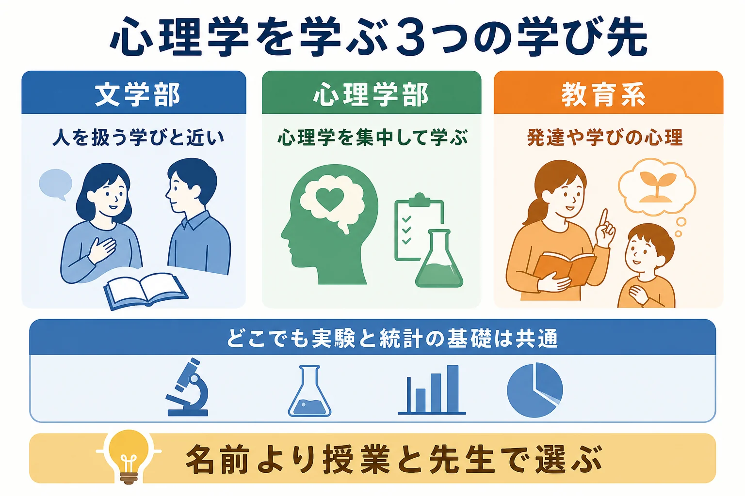 文学部の心理学と心理学部と教育系の心理を学部の位置づけ・実験と統計・資格で比べた図解