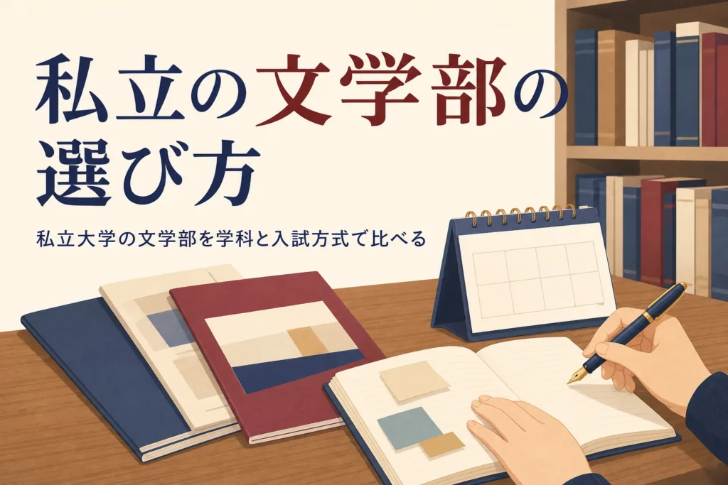 机に並んだ大学のパンフレットと手帳と、私立大学の文学部の選び方を紹介する記事タイトル