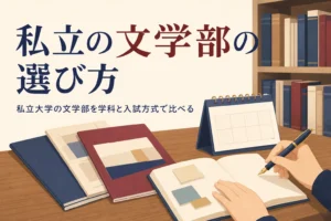 机に並んだ大学のパンフレットと手帳と、私立大学の文学部の選び方を紹介する記事タイトル