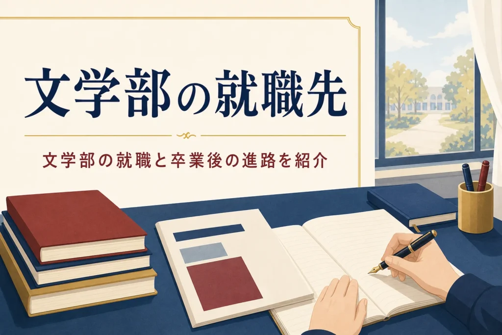 就職情報の冊子とノートが置かれた机と、文学部の就職先と卒業後の進路を紹介する記事タイトル
