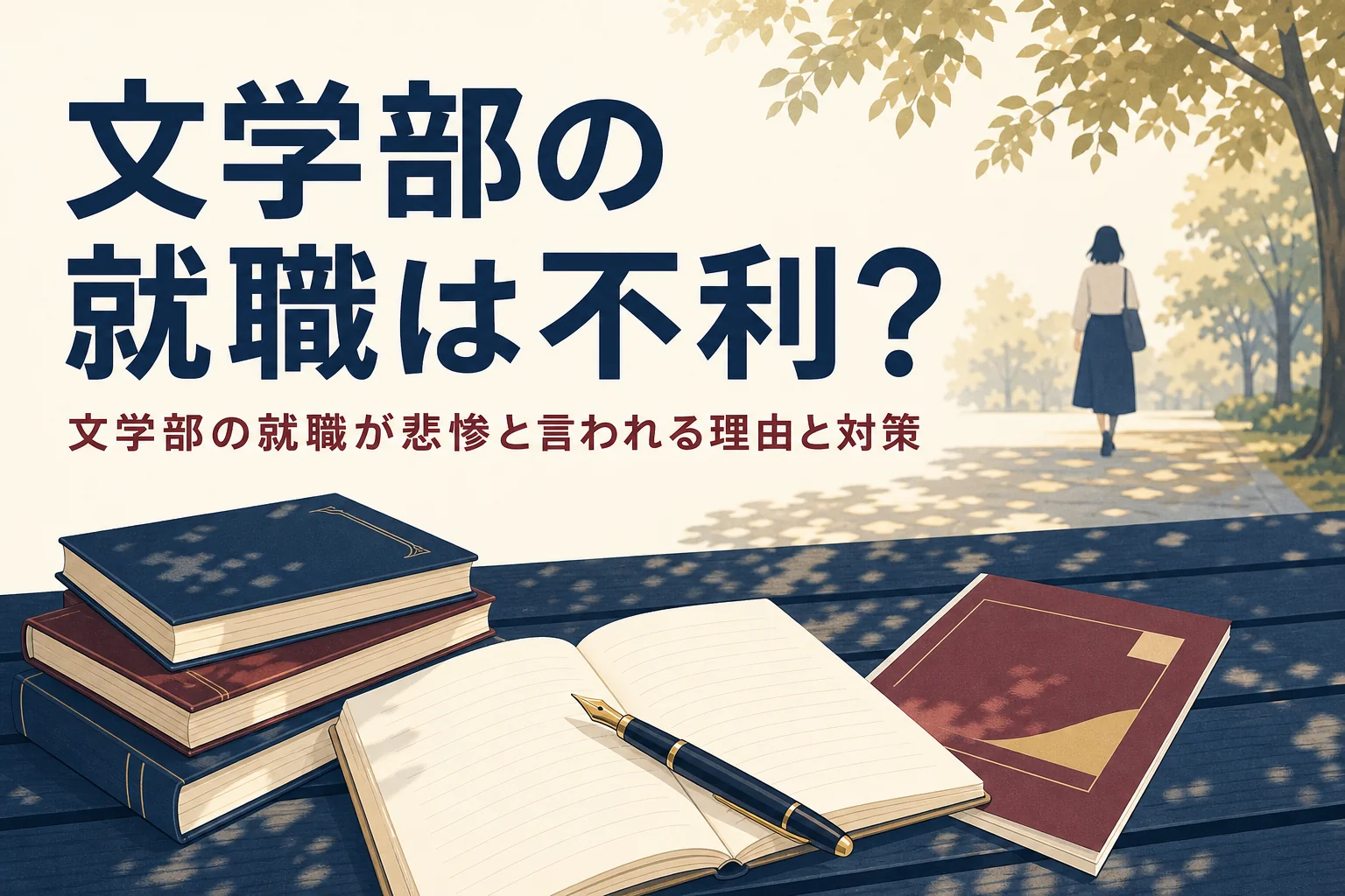 キャンパスのベンチに置かれたノートと冊子と、文学部の就職が悲惨・不利と言われる理由と対策を紹介する記事タイトル