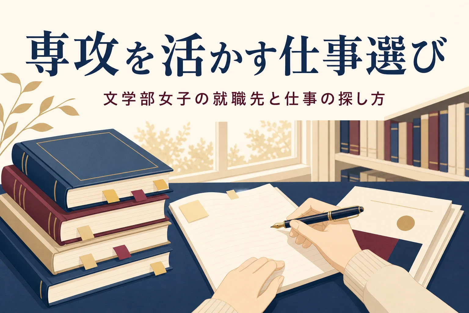 図書館の机で専門書と就職ガイドを広げた手元と、文学部女子の就職先と仕事の探し方を紹介する記事タイトル