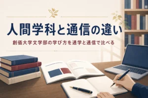 机に置いた大学案内とノートパソコンと、創価大学文学部の通学と通信の違いを紹介する記事タイトル