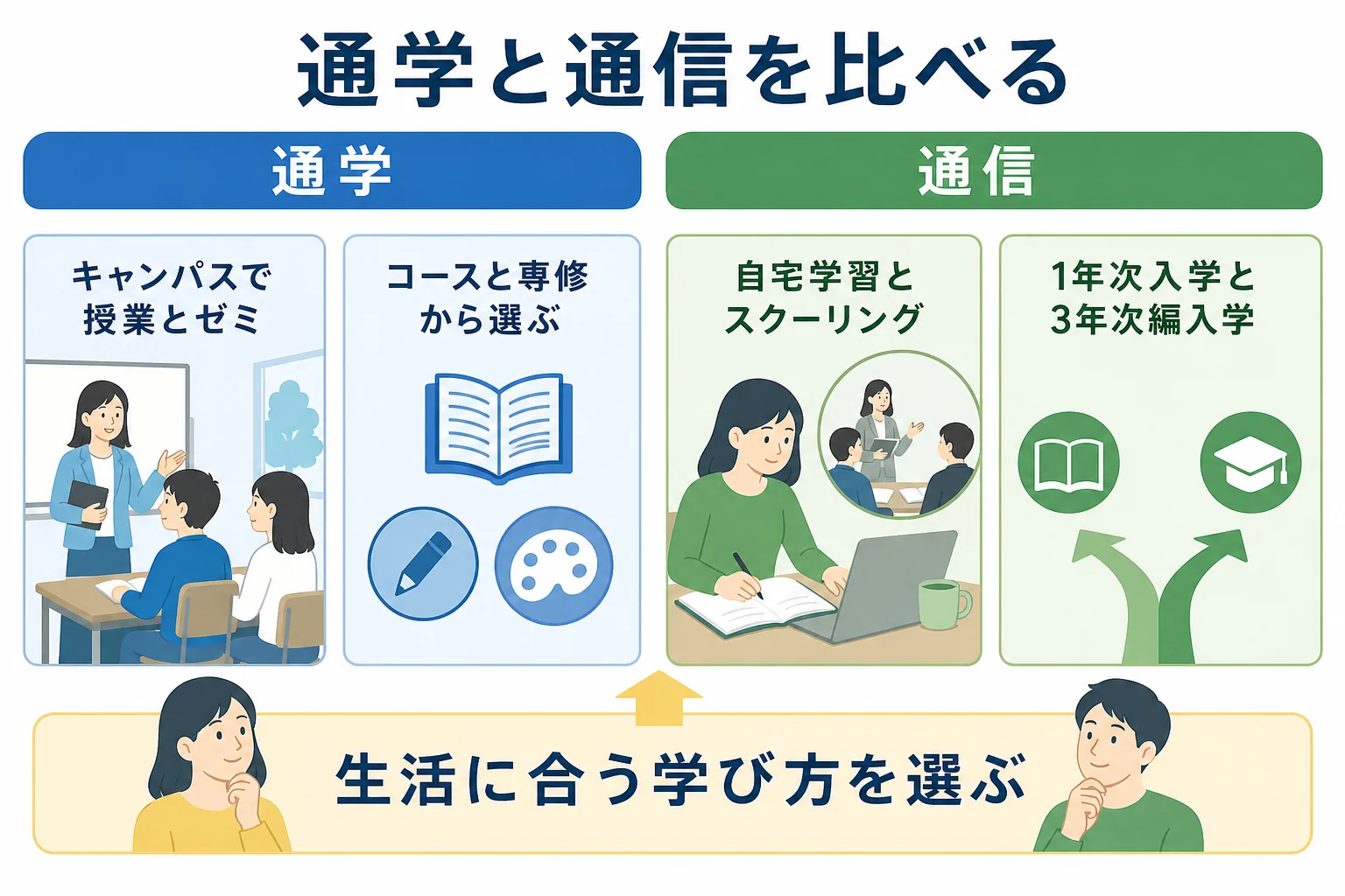 創価大学文学部の通学課程と通信教育部を学び方と対象で比べた図解