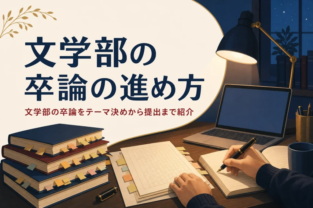 机の上で研究書とメモを広げて卒論を書く手元と、文学部の卒論の進め方を紹介する記事タイトル