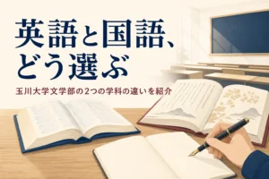 机に置いた英語の辞書と国語の教科書と、玉川大学文学部の2つの学科の違いを紹介する記事タイトル