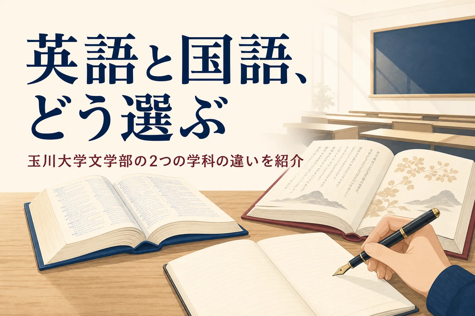 机に置いた英語の辞書と国語の教科書と、玉川大学文学部の2つの学科の違いを紹介する記事タイトル