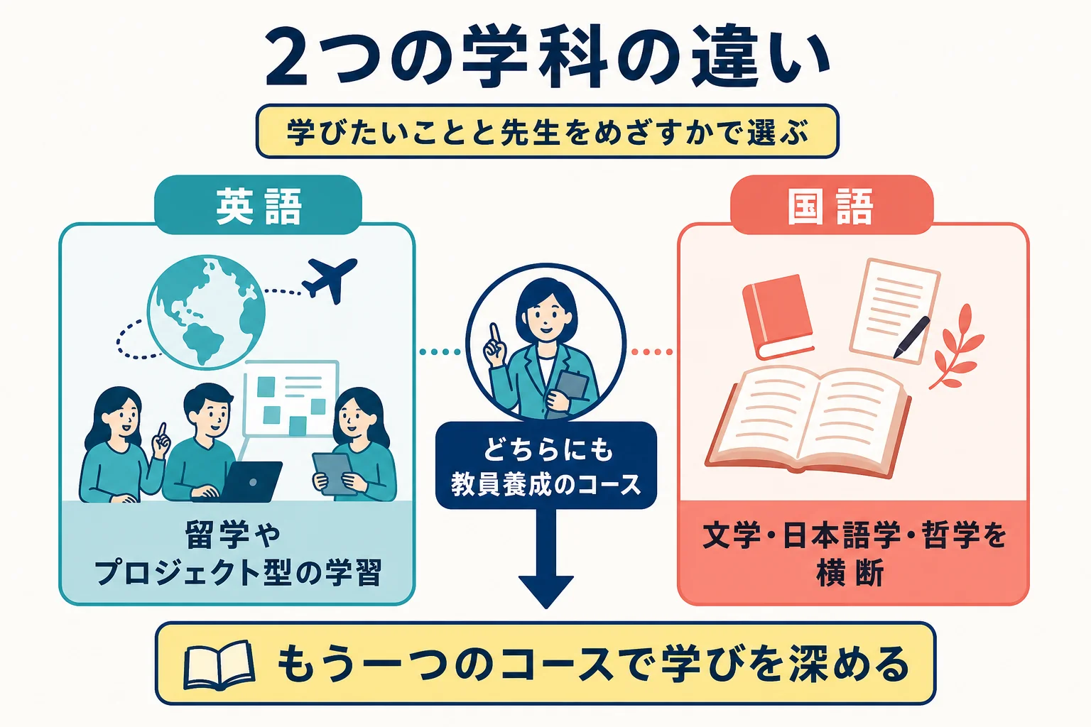 英語教育学科と国語教育学科を学ぶことと、めざす方向で比べた図解