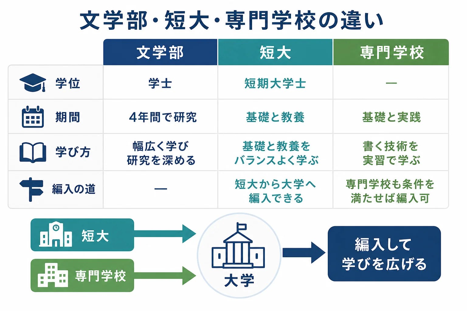4年制の文学部・短大・専門学校を学位・期間・学び方・編入の道で比べた図解