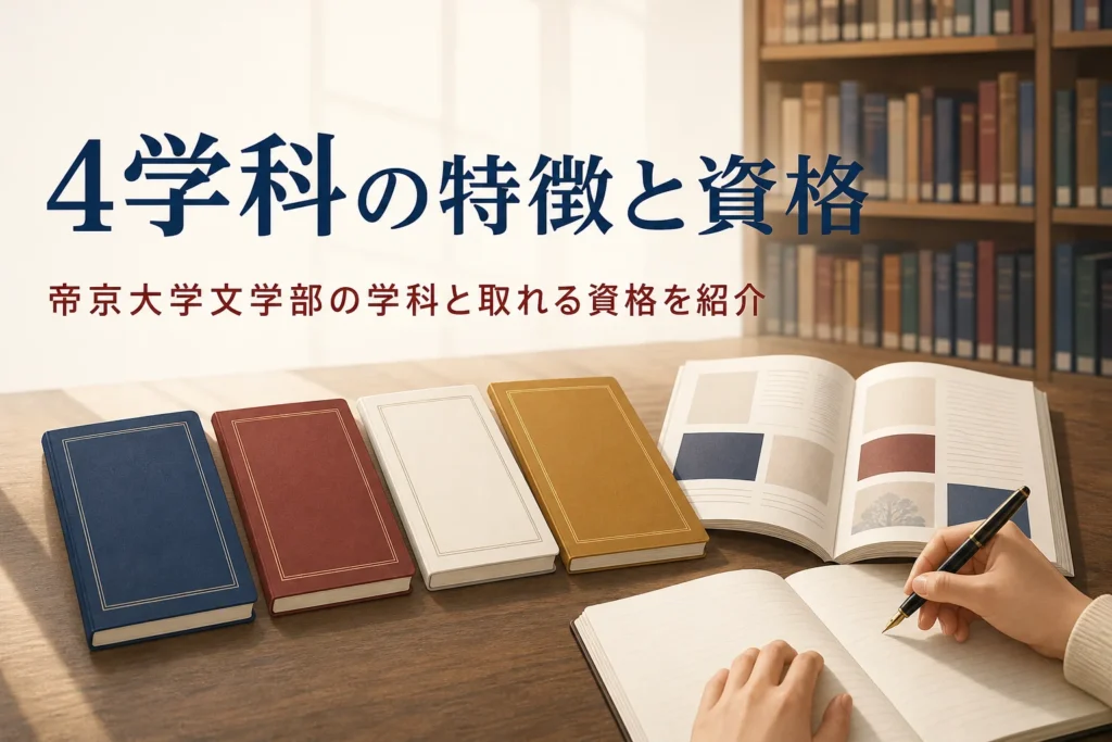 机に並べたノートと大学案内と、帝京大学文学部の学科と資格を紹介する記事タイトル