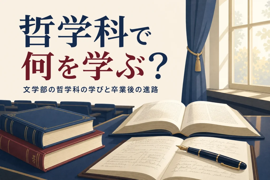 講義室の机に置かれた本とノートと、文学部の哲学科で何を学ぶかを紹介する記事タイトル