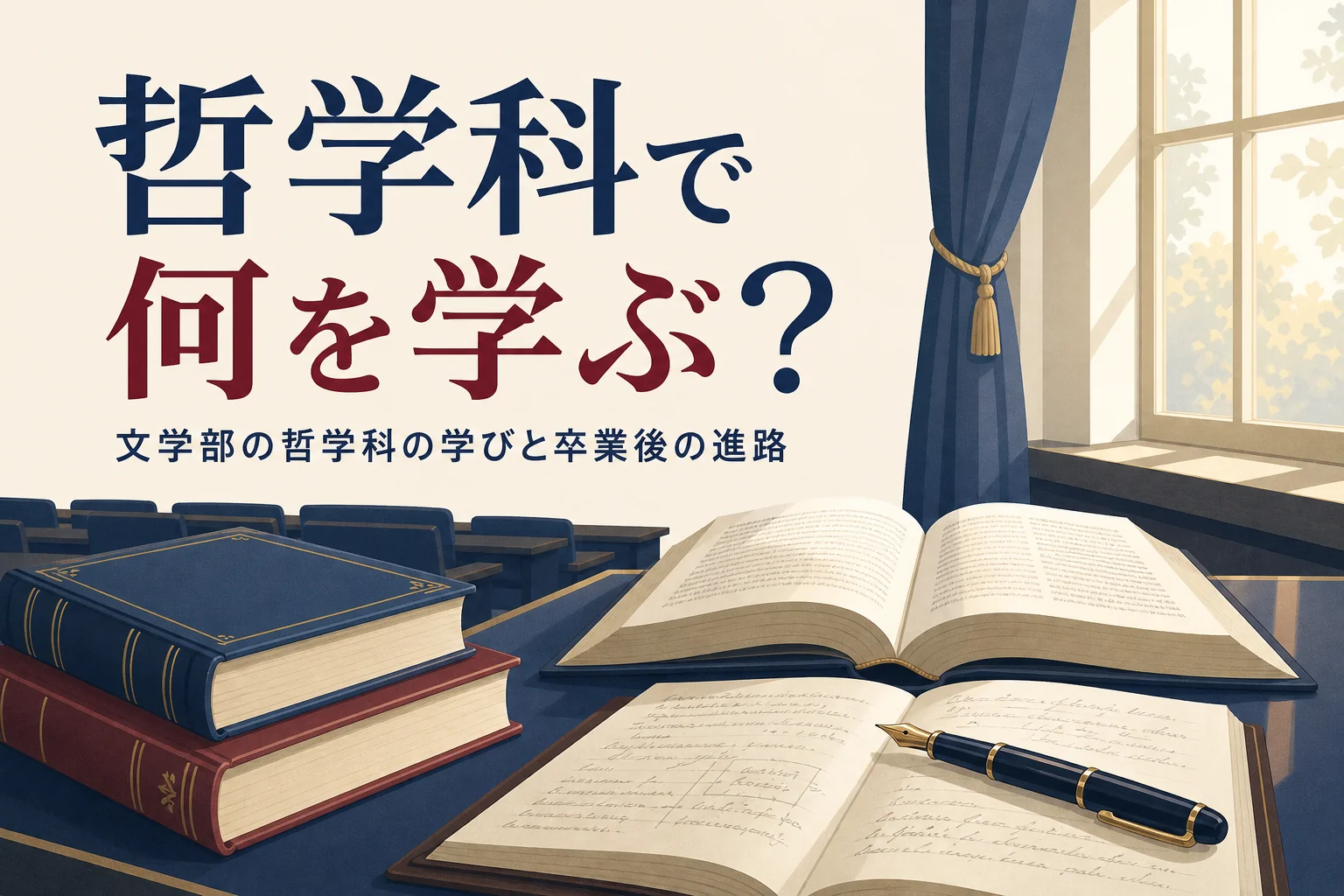 講義室の机に置かれた本とノートと、文学部の哲学科で何を学ぶかを紹介する記事タイトル