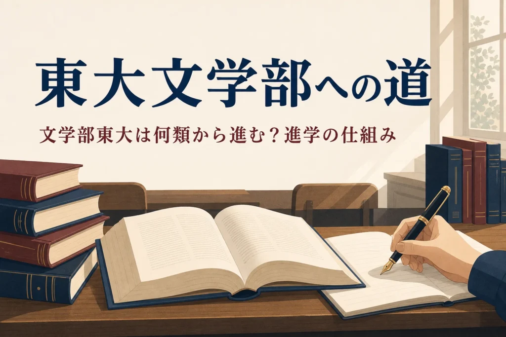 古い講義室の机に置かれた本とノートと、東大文学部へ進む仕組みを紹介する記事のタイトル