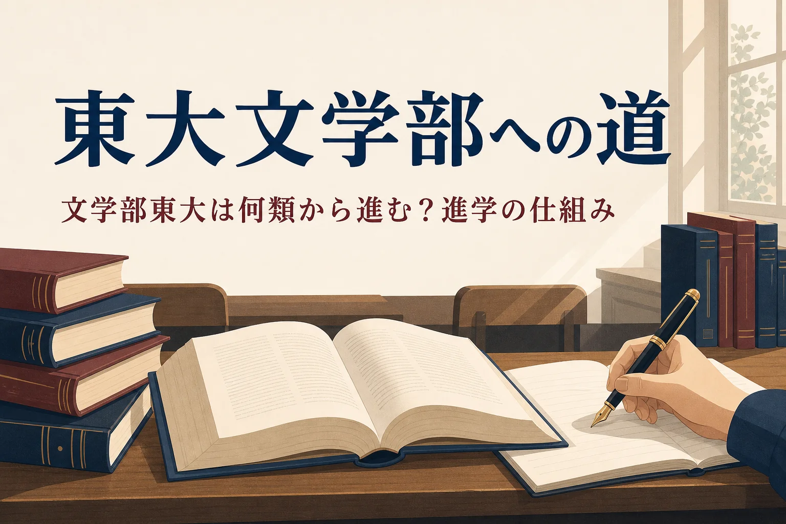 古い講義室の机に置かれた本とノートと、東大文学部へ進む仕組みを紹介する記事のタイトル