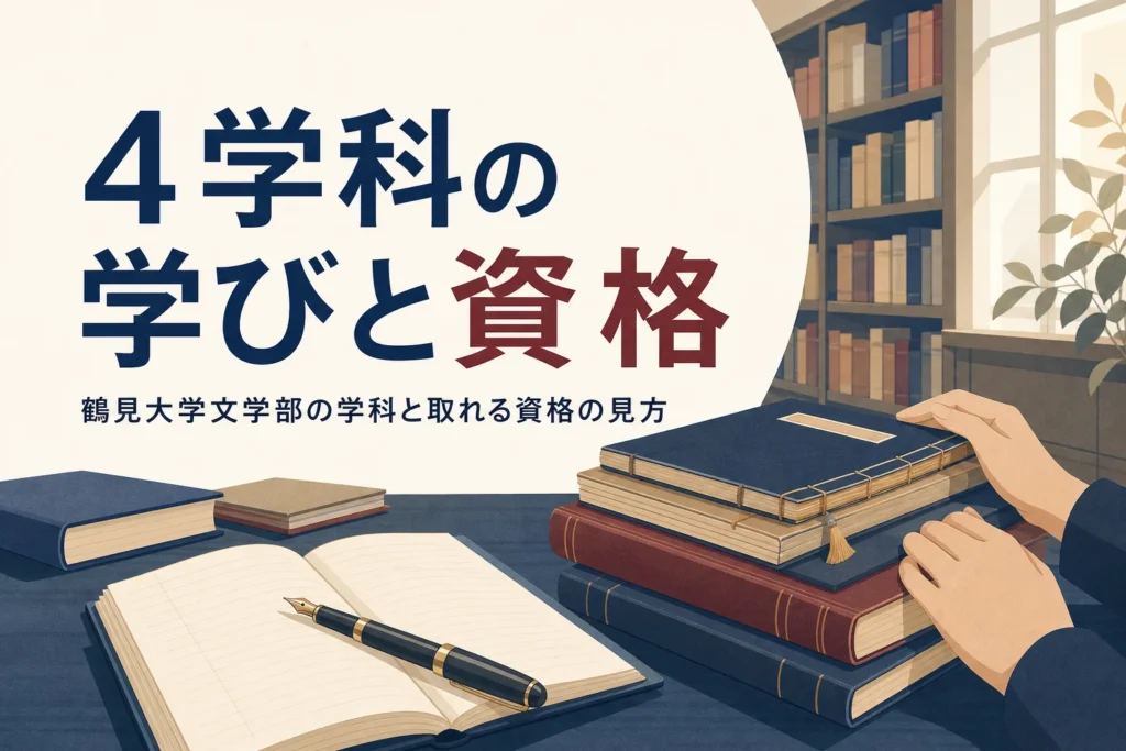 図書館の机に置いた本とノートと、鶴見大学文学部の学科と資格を紹介する記事タイトル