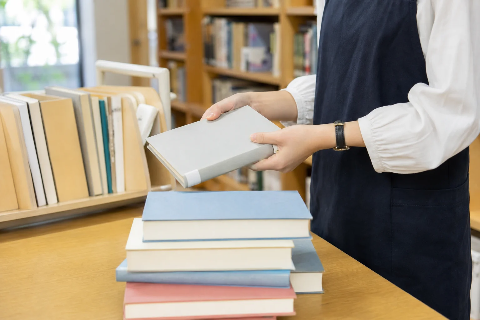 図書館で本を整理する手元の写真風の画像。司書の仕事のイメージ