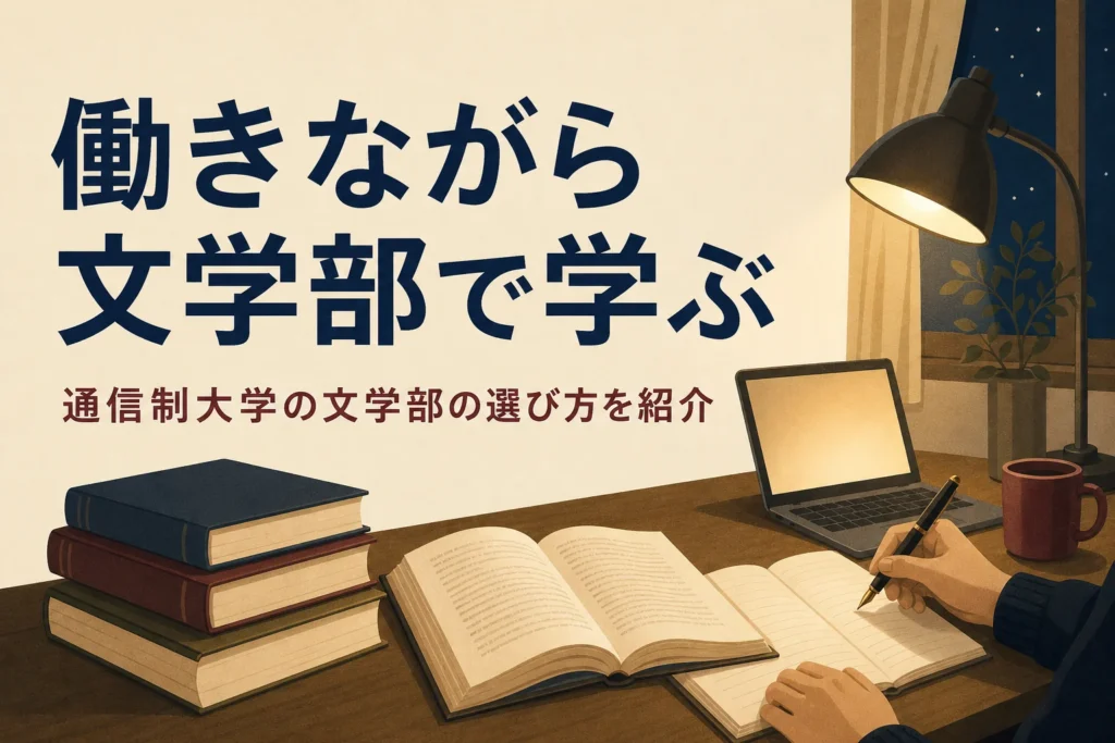 夜の机でテキストとノートパソコンに向かう人の手元と、通信制大学の文学部の選び方を紹介する記事タイトル