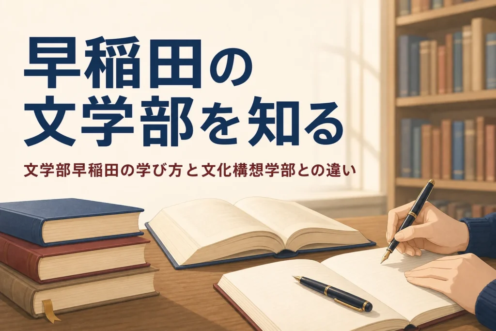本とノートが置かれた図書館の机と、早稲田大学文学部の学び方を紹介する記事のタイトル